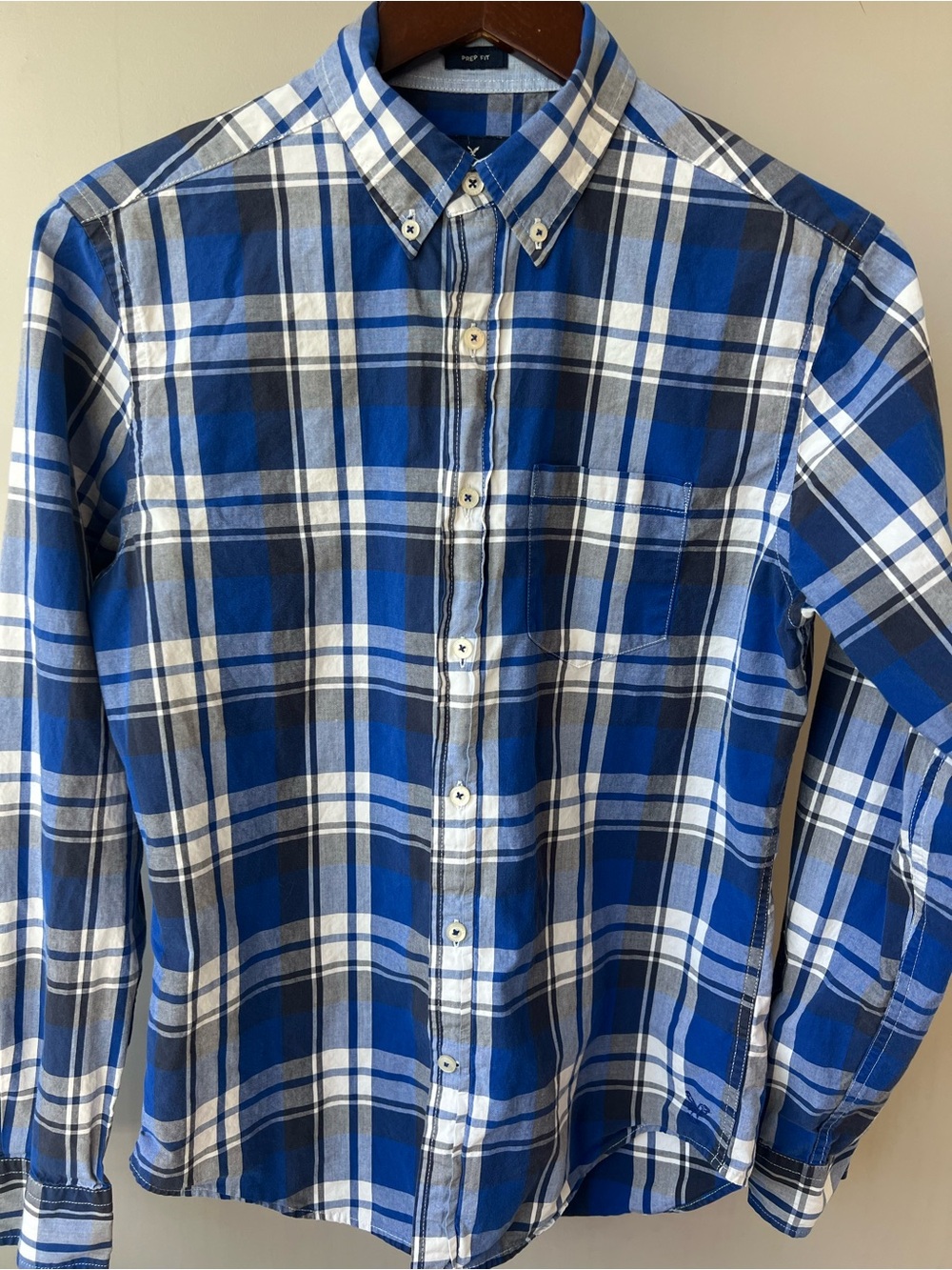 American Eagle Mens XS Blue White Plaid Prep Fit Button Down Oxford Poplin Shirt